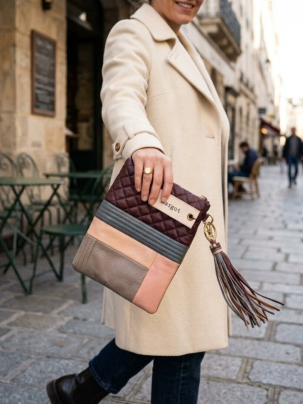 NWT! Margot Genuine Leather Quilted Neutral Colorblock Clutch Bag Brown Pink